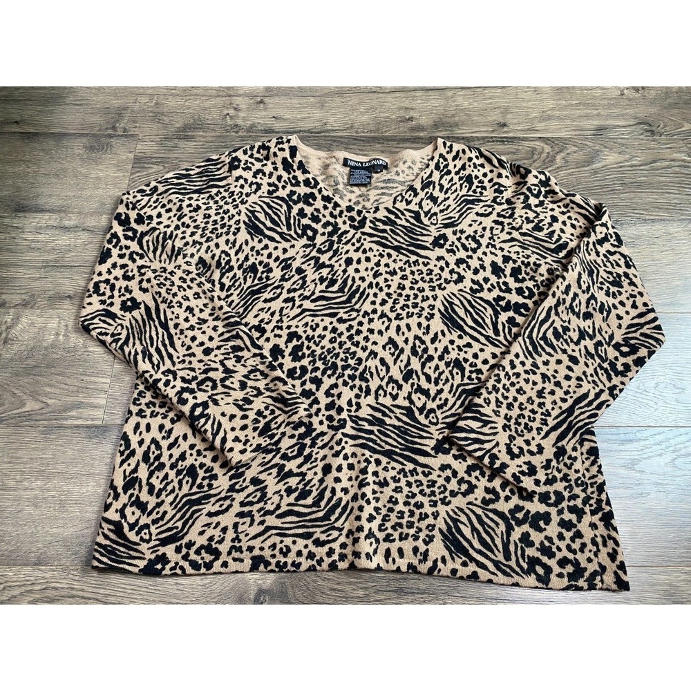 Womens Nina Leonard cheetah print vintage lambswool angora v neck sweater SZ 1+